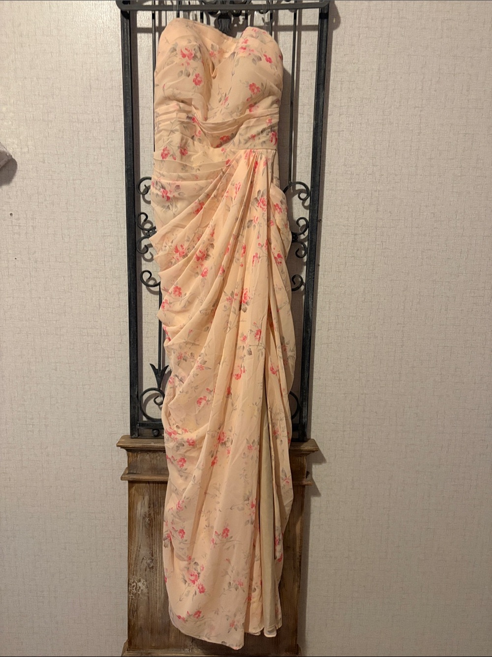 Strapless Cream Floral Prom Gown with Pink Accents